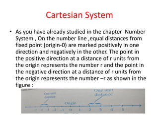 Cartesian System
• As you have already studied in the chapter Number
System , On the number line ,equal distances from
fixed point (origin-0) are marked positively in one
direction and negatively in the other. The point in
the positive direction at a distance of r units from
the origin represents the number r and the point in
the negative direction at a distance of r units from
the origin represents the number –r as shown in the
figure :
 