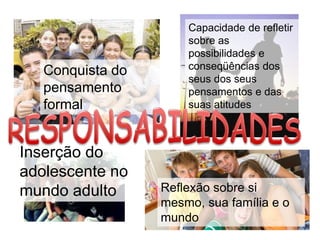 Conquista do
pensamento
formal
Capacidade de refletir
sobre as
possibilidades e
conseqüências dos
seus dos seus
pensamentos e das
suas atitudes
Reflexão sobre si
mesmo, sua família e o
mundo
Inserção do
adolescente no
mundo adulto
 