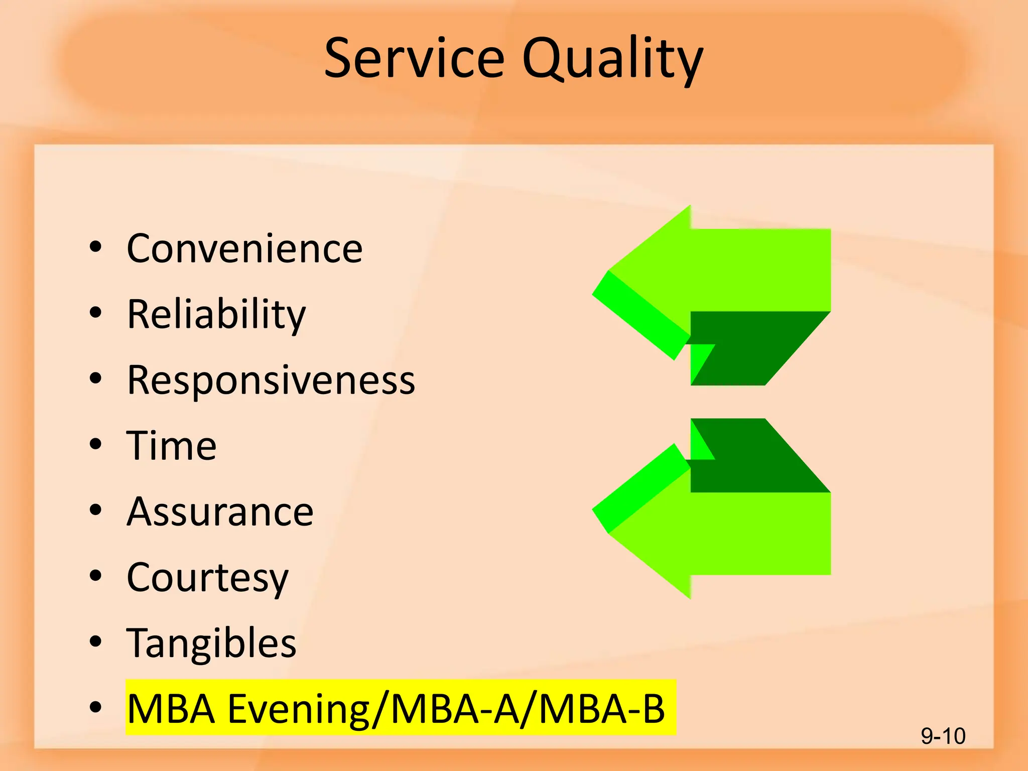 Service Quality
• Convenience
• Reliability
• Responsiveness
• Time
• Assurance
• Courtesy
• Tangibles
• MBA Evening/MBA-A/MBA-B 9-10
 