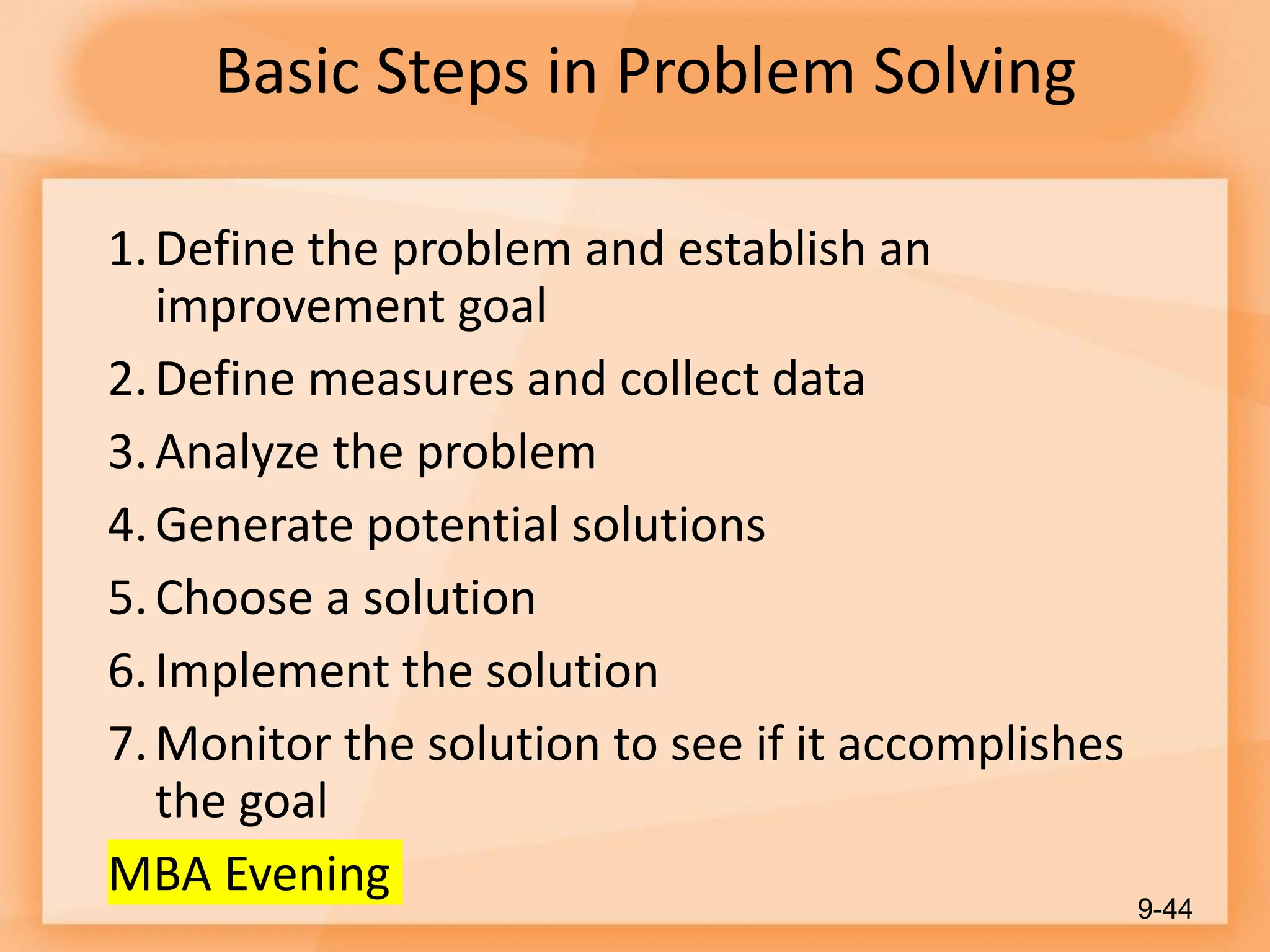 Basic Steps in Problem Solving
1.Define the problem and establish an
improvement goal
2.Define measures and collect data
3.Analyze the problem
4.Generate potential solutions
5.Choose a solution
6.Implement the solution
7.Monitor the solution to see if it accomplishes
the goal
MBA Evening
9-44
 
