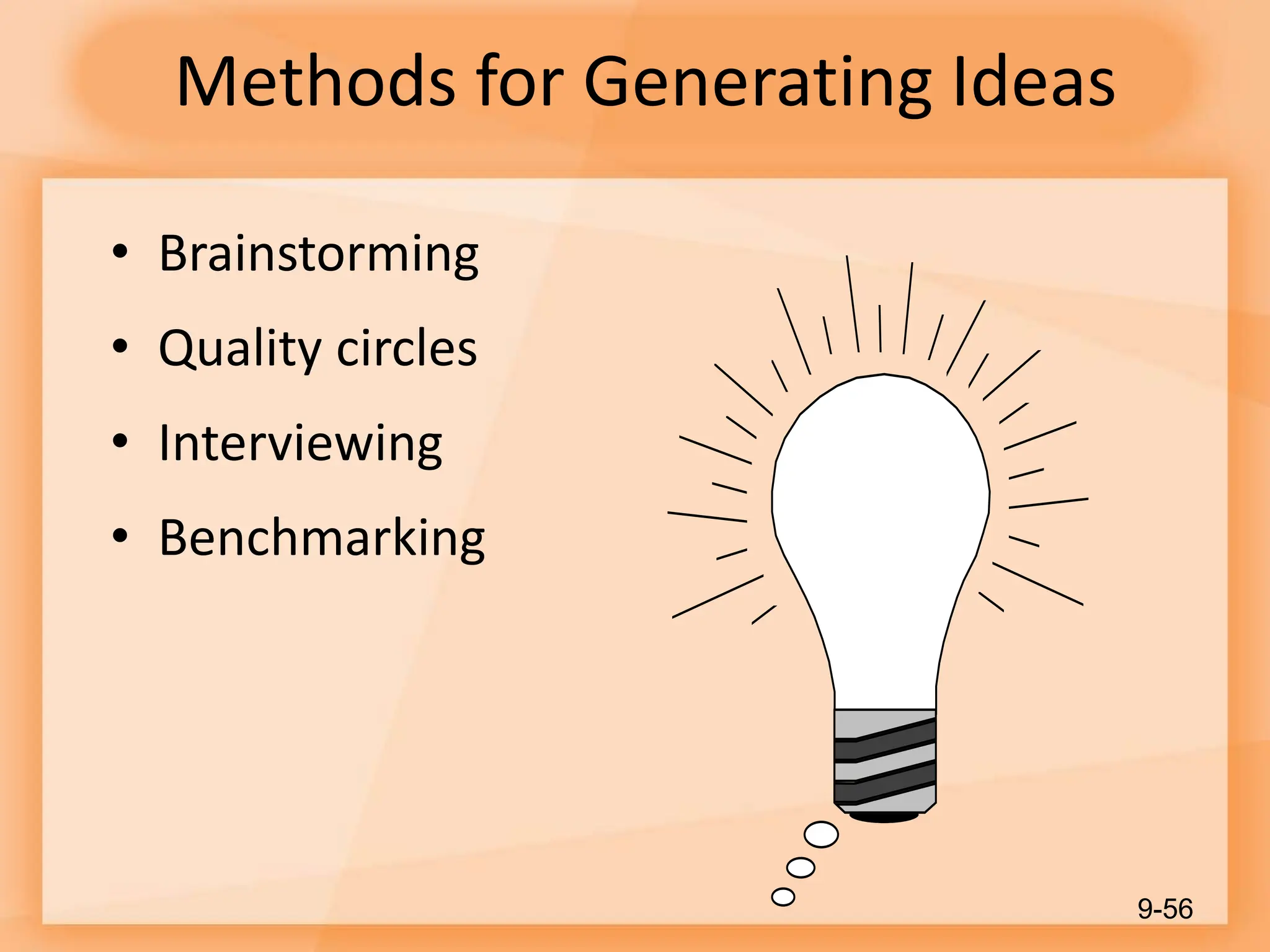 Methods for Generating Ideas
• Brainstorming
• Quality circles
• Interviewing
• Benchmarking
9-56
 