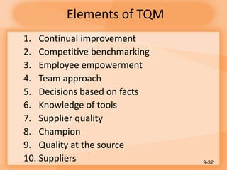 Elements of TQM
1. Continual improvement
2. Competitive benchmarking
3. Employee empowerment
4. Team approach
5. Decisions based on facts
6. Knowledge of tools
7. Supplier quality
8. Champion
9. Quality at the source
10. Suppliers 9-32
 