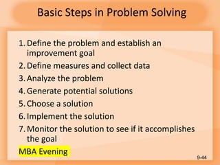 Basic Steps in Problem Solving
1.Define the problem and establish an
improvement goal
2.Define measures and collect data
3.Analyze the problem
4.Generate potential solutions
5.Choose a solution
6.Implement the solution
7.Monitor the solution to see if it accomplishes
the goal
MBA Evening
9-44
 