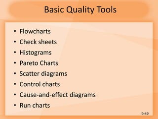 Basic Quality Tools
• Flowcharts
• Check sheets
• Histograms
• Pareto Charts
• Scatter diagrams
• Control charts
• Cause-and-effect diagrams
• Run charts
9-49
 