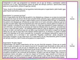 Compararán el color que propusieron se formaría con el que se formó y contaremos cuántos
acertaron con el color. Recordaremos juntos los pasos del método científico, identificando estos
pasos en el experimento. (Anexo El agua que camina)
Tarea. Acudir el día de mañana con los siguientes materiales para el experimento: plato hondo, agua,
jabón líquido lavatrastes y pimienta.
Experimento “La pimienta que huye”
Para el experimento del día de hoy les pediré a los niños(as) que coloquen en su mesa los materiales
que les solicite traer de tarea el día de ayer (un plato hondo, pimienta, agua y jabón de lavatrastes).
Llenaremos el plato hondo con agua y esparciremos un poco de pimienta sobre el agua, no demasiada,
les pediré a los niños(as) que introduzcan su dedo índice en el centro del plato y observen qué es lo
que pasa (no pasa nada), luego les preguntaré qué creen que pasará si colocan jabón en la punta de su
dedo y vuelven a introducirlo en el centro del plato, si creen que obtendrán el mismo resultado o si
sería diferente, escucharemos las opiniones de todos los niños(as) antes de continuar; procederemos
a llevar a cabo este paso juntos, los niños(as) podrán observar cómo se desplaza o huye la pimienta
lejos de su dedo. Les explicaré que esto se debe a que la pimienta flota sobre la superficie del agua
donde hay una capa de agua más firme llamada tensión superficial, al introducir el jabón la tensión
superficial disminuye en el centro haciendo huir la pimienta. Los niños(as) realizarán el registro de
su experimento en la Actividad 3 del cuadernillo “Pequeños científicos”, donde dibujarán los
materiales utilizados y lo que observaron en el experimento de hoy. Recordaremos juntos los pasos
del método científico, identificando estos pasos en el experimento.
Experimento “El globo mágico”
Comenzaremos con nuestro experimento de hoy con una divertida pregunta: ¿Creen que se pueda
inflar un globo sin soplar aire con nuestra boca en el?, les pediré que levantando su mano cada uno
comparta su opinión, en caso de que la respuesta sea no, les pediré que me digan por qué y si su
respuesta es sí, les pediré qué me mencionen de qué forma lo haría.
Continuaré mostrándoles los materiales que vamos a ocupar para inflar este globo mágico: una botella
de plástico de 600 ml, una cucharada de bicarbonato, un globo y una taza de vinagre. Voy a colocar el
bicarbonato dentro del globo, y la taza de vinagre en la botella, luego colocaré en la boca de la
botella el globo y le pediré a un voluntario que pase conmigo y que cuando yo lo indique levante el
globo para dejar caer el bicarbonato al vinagre, les pediré que observen con atención como el globo
4
Jueves
5
Viernes
 