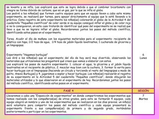 se levanta y se infla. Les explicaré que esto se logra debido a que al combinar bicarbonato con
vinagre se forma dióxido de carbono, que es un gas, por lo que se infla el globo.
Les pediré a los niños(as) que formen cuatro equipos para que en equipo lleven a cabo este mismo
experimento, se realizará por turnos, para apoyar directamente al equipo que lo esté llevando a la
práctica. Como registro de este experimento los niños(as) colorearán el globo de la Actividad 4 del
cuadernillo “Pequeños científicos” de color verde si su equipo consiguió inflar el globo y de color rojo
si no lo consiguieron, en este caso tratarán de identificar qué paso del experimento no se realizó que
llevo a que no se lograra inflar el globo. Recordaremos juntos los pasos del método científico,
identificando estos pasos en el experimento.
Tarea. Acudir el día de mañana con los siguientes materiales para el experimento: recipiente de
plástico con tapa, 1/2 taza de agua, 1/4 taza de jabón líquido lavatrastes, 1 cucharada de glicerina y
un limpiapipas.
Experimento “Hagamos burbujas”
Les diré a los niños(as) que el experimento del día de hoy será muy divertido, observando los
materiales que utilizaremos les preguntaré qué creen que vamos a elaborar con estos.
Les explicaré los pasos de nuestro experimento: 1. colocar el agua, la glicerina y el jabón líquido
lavatrastes en el recipiente de plástico, 2. mezclar muy bien con la cuchara, 3. formar la varita para
hacer burbujas con el limpiapipas (haciendo un círculo y torciendo el resto del limpiapipas a modo de
palito, Anexo Burbujas) y 4. jugaremos a soplar y hacer burbujas. Los niños(as) realizarán el registro
de su experimento en la Actividad 5 del cuadernillo “Pequeños científicos”, donde dibujarán los
materiales utilizados y lo que observaron en el experimento de hoy. Recordaremos juntos los pasos
del método científico, identificando estos pasos en el experimento.
6
Lunes
FASE 4 SESIÓN
Llevaremos a cabo una “Exposición de experimentos” en donde compartiremos los experimentos que
hemos realizado con los compañeros(as) de otros grados, para esto se formarán 4 equipos, cada
equipo elegirá un nombre y uno de los experimentos que se realizaron en los días previos; un niño(a)
será voluntario para compartir los pasos del método científico y cada equipo presentará su
experimento frente a sus compañeros(as) de primero y de segundo grado, invitándolos
posteriormente a participar en los experimentos.
7
Martes
 