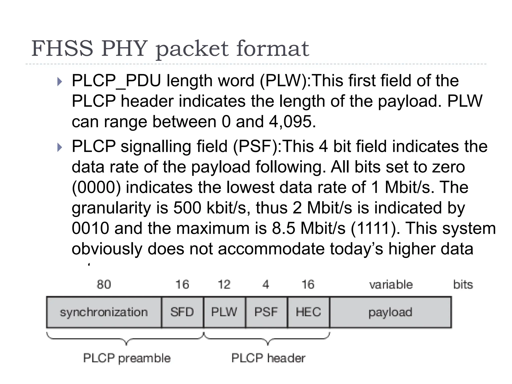 FHSS PHY packet format
 PLCP_PDU length word (PLW):This first field of the
PLCP header indicates the length of the payload. PLW
can range between 0 and 4,095.
 PLCP signalling field (PSF):This 4 bit field indicates the
data rate of the payload following. All bits set to zero
(0000) indicates the lowest data rate of 1 Mbit/s. The
granularity is 500 kbit/s, thus 2 Mbit/s is indicated by
0010 and the maximum is 8.5 Mbit/s (1111). This system
obviously does not accommodate today’s higher data
rates.
 