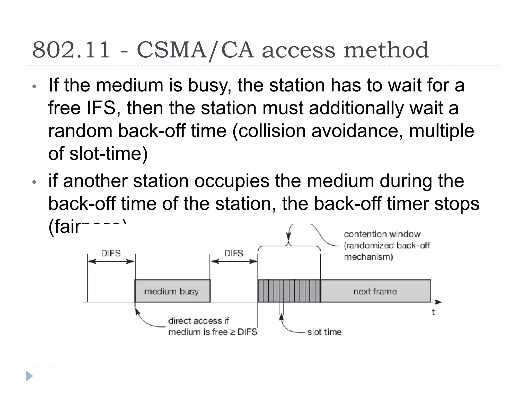 802.11 - CSMA/CA access method
• If the medium is busy, the station has to wait for a
free IFS, then the station must additionally wait a
random back-off time (collision avoidance, multiple
of slot-time)
• if another station occupies the medium during the
back-off time of the station, the back-off timer stops
(fairness)
 