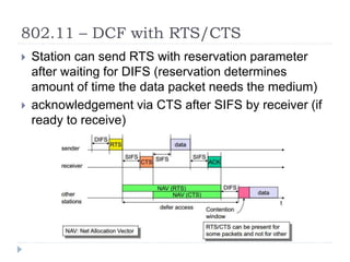 802.11 – DCF with RTS/CTS
 Station can send RTS with reservation parameter
after waiting for DIFS (reservation determines
amount of time the data packet needs the medium)
 acknowledgement via CTS after SIFS by receiver (if
ready to receive)
 