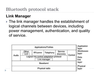 Bluetooth protocol stack
Link Manager
 The link manager handles the establishment of
logical channels between devices, including
power management, authentication, and quality
of service.
 