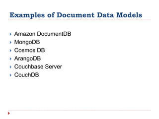 Examples of Document Data Models
 Amazon DocumentDB
 MongoDB
 Cosmos DB
 ArangoDB
 Couchbase Server
 CouchDB
 