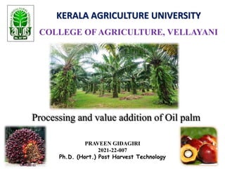 KERALA AGRICULTURE UNIVERSITY
COLLEGE OF AGRICULTURE, VELLAYANI
Processing and value addition of Oil palm
PRAVEEN GIDAGIRI
2021-22-007
Ph.D. (Hort.) Post Harvest Technology
 