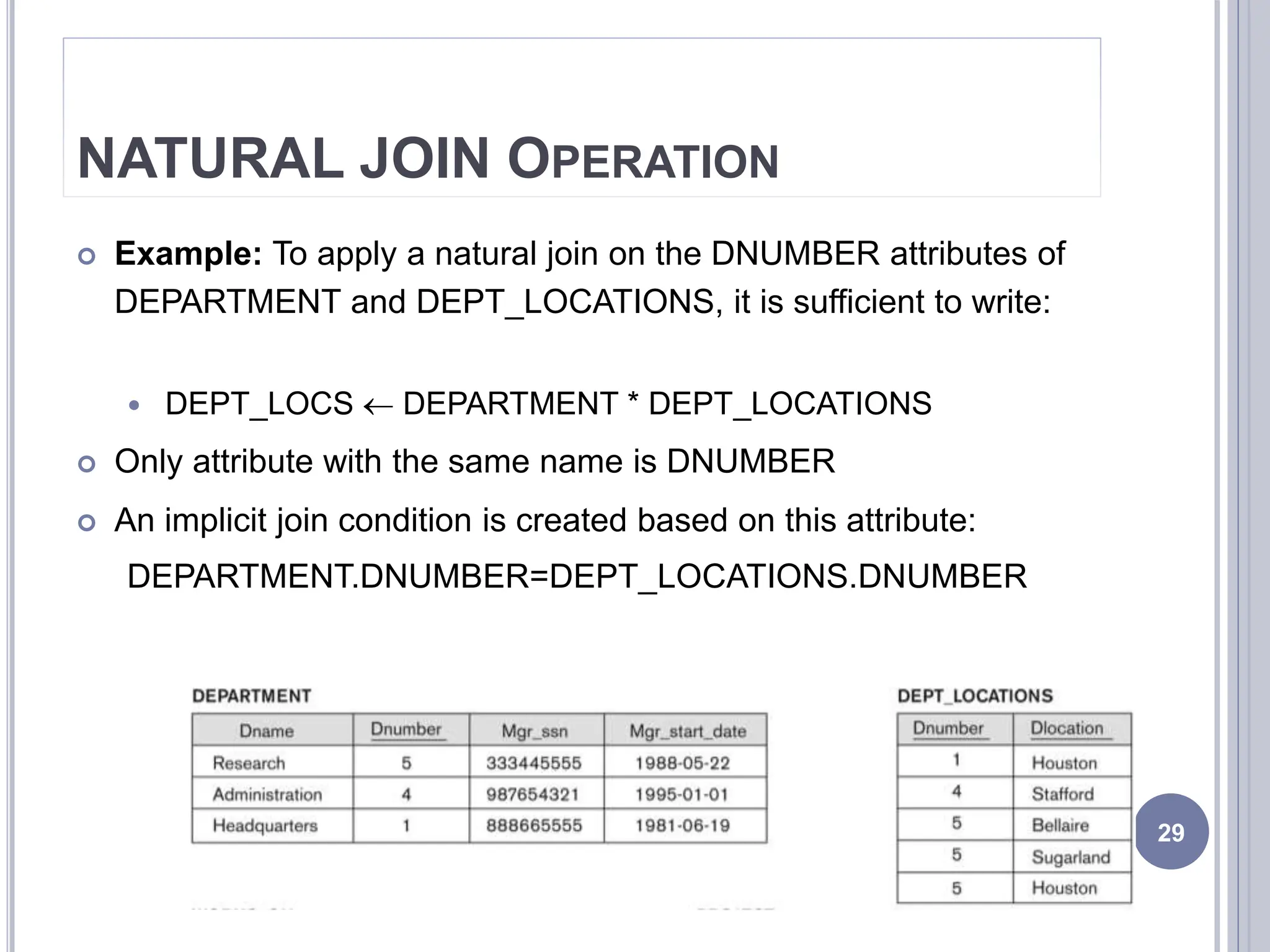 NATURAL JOIN OPERATION
 Example: To apply a natural join on the DNUMBER attributes of
DEPARTMENT and DEPT_LOCATIONS, it is sufficient to write:
 DEPT_LOCS  DEPARTMENT * DEPT_LOCATIONS
 Only attribute with the same name is DNUMBER
 An implicit join condition is created based on this attribute:
DEPARTMENT.DNUMBER=DEPT_LOCATIONS.DNUMBER
29
 