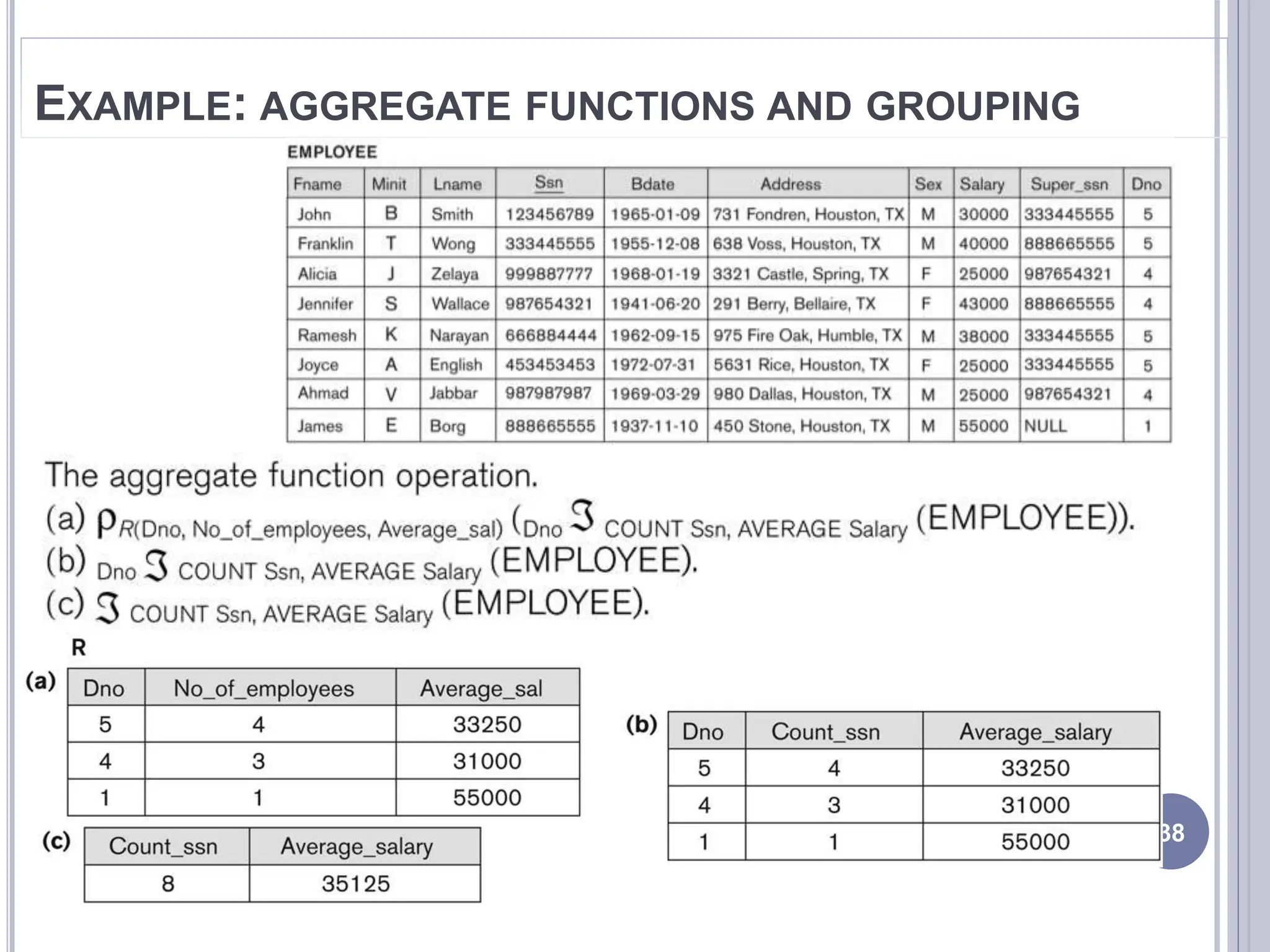 EXAMPLE: AGGREGATE FUNCTIONS AND GROUPING
38
 