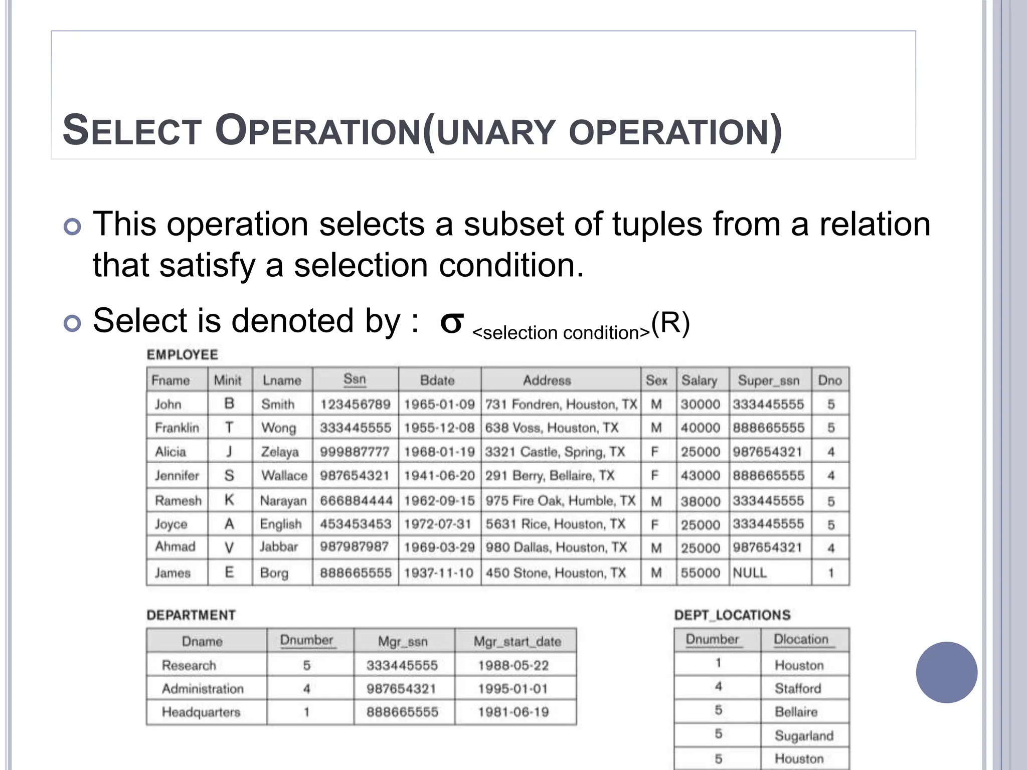 SELECT OPERATION(UNARY OPERATION)
 This operation selects a subset of tuples from a relation
that satisfy a selection condition.
 Select is denoted by :  <selection condition>(R)
 
