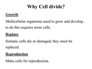 Why Cell divide?
Growth
Multicellular organisms need to grow and develop,
to do this requires more cells.
Replace
Somatic cells die or damaged, they must be
replaced.
Reproduction
Make cells for reproduction.
 
