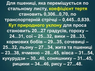 Для пшениці, яка переміщується по
стальному листу, коефіцієнт тертя
становить 0,306...0,70, по
транспортерній стрічці – 0,445...0,839.
Кут природного уклону для проса
становить 20...27 градусів, гороху –
24...31, сої – 25...32, вики – 28...33,
кормових бобів – 29...35, сочевиці –
25...32, льону – 27...34, жита та пшениці
– 23...38, ячменю – 28...45, вівса – 31...54,
кукурудзи – 30...40, соняшнику – 31...45,
рицини – 34...46, рису – 27...48.
 