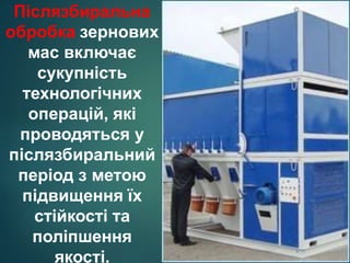 Післязбиральна
обробка зернових
мас включає
сукупність
технологічних
операцій, які
проводяться у
післязбиральний
період з метою
підвищення їх
стійкості та
поліпшення
якості.
 