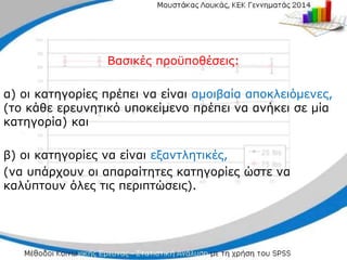 Βασικές προϋποθέσεις:
α) οι κατηγορίες πρέπει να είναι αμοιβαία αποκλειόμενες,
(το κάθε ερευνητικό υποκείμενο πρέπει να ανήκει σε μία
κατηγορία) και
β) οι κατηγορίες να είναι εξαντλητικές,
(να υπάρχουν οι απαραίτητες κατηγορίες ώστε να
καλύπτουν όλες τις περιπτώσεις).
 