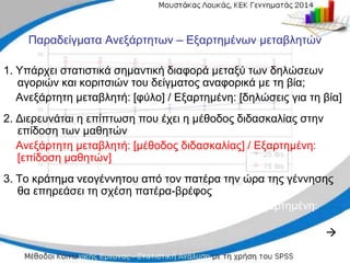 Παραδείγματα Ανεξάρτητων – Εξαρτημένων μεταβλητών
1. Υπάρχει στατιστικά σημαντική διαφορά μεταξύ των δηλώσεων
αγοριών και κοριτσιών του δείγματος αναφορικά με τη βία;
Ανεξάρτητη μεταβλητή: [φύλο] / Εξαρτημένη: [δηλώσεις για τη βία]
2. Διερευνάται η επίπτωση που έχει η μέθοδος διδασκαλίας στην
επίδοση των μαθητών
Ανεξάρτητη μεταβλητή: [μέθοδος διδασκαλίας] / Εξαρτημένη:
[επίδοση μαθητών]
3. Το κράτημα νεογέννητου από τον πατέρα την ώρα της γέννησης
θα επηρεάσει τη σχέση πατέρα-βρέφος
Ανεξάρτητη μεταβλητή: [κράτημα νεογέννητου] / Εξαρτημένη:
[σχέση πατέρα-βρέφος]

 