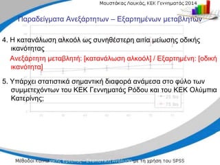 Παραδείγματα Ανεξάρτητων – Εξαρτημένων μεταβλητών
4. Η κατανάλωση αλκοόλ ως συνηθέστερη αιτία μείωσης οδικής
ικανότητας
Ανεξάρτητη μεταβλητή: [κατανάλωση αλκοόλ] / Εξαρτημένη: [οδική
ικανότητα]
5. Υπάρχει στατιστικά σημαντική διαφορά ανάμεσα στο φύλο των
συμμετεχόντων του ΚΕΚ Γεννηματάς Ρόδου και του ΚΕΚ Ολύμπια
Κατερίνης;
 