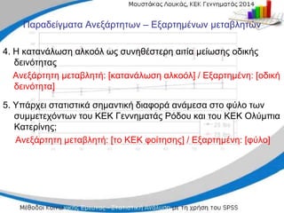 Παραδείγματα Ανεξάρτητων – Εξαρτημένων μεταβλητών
4. Η κατανάλωση αλκοόλ ως συνηθέστερη αιτία μείωσης οδικής
δεινότητας
Ανεξάρτητη μεταβλητή: [κατανάλωση αλκοόλ] / Εξαρτημένη: [οδική
δεινότητα]
5. Υπάρχει στατιστικά σημαντική διαφορά ανάμεσα στο φύλο των
συμμετεχόντων του ΚΕΚ Γεννηματάς Ρόδου και του ΚΕΚ Ολύμπια
Κατερίνης;
Ανεξάρτητη μεταβλητή: [το ΚΕΚ φοίτησης] / Εξαρτημένη: [φύλο]
 