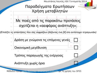 Δράση με γνώμονα τις επόμενες γενιές
Δράση με γνώμονα τις επόμενες γενιές
Οικονομική μεγέθυνση
Οικονομική μεγέθυνση
Τρόπος παραγωγής της ενέργειας
Τρόπος παραγωγής της ενέργειας
Ανάπτυξη χωρίς όρια
Ανάπτυξη χωρίς όρια
□
□
□
□
□
□
□
□
Παραδείγματα Ερωτήσεων
Παραδείγματα Ερωτήσεων
Χρήση μεταβλητών
Χρήση μεταβλητών
Με ποιές από τις παρακάτω προτάσεις
Με ποιές από τις παρακάτω προτάσεις
σχετίζεται η «αειφόρος ανάπτυξη»;
σχετίζεται η «αειφόρος ανάπτυξη»;
(Επιλέξτε τις απαντήσεις που σας εκφράζουν
(Επιλέξτε τις απαντήσεις που σας εκφράζουν βάζοντας
βάζοντας ένα [Χ] στο αντίστοιχο τετραγωνάκι)
ένα [Χ] στο αντίστοιχο τετραγωνάκι)
 