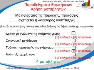 Δράση με γνώμονα τις επόμενες γενιές
Δράση με γνώμονα τις επόμενες γενιές
[1] επιλογή / [0] απόρριψη
[1] επιλογή / [0] απόρριψη
Οικονομική μεγέθυνση
Οικονομική μεγέθυνση
[1] επιλογή / [0] απόρριψη
[1] επιλογή / [0] απόρριψη
Τρόπος παραγωγής της ενέργειας
Τρόπος παραγωγής της ενέργειας
[1] επιλογή / [0] απόρριψη
[1] επιλογή / [0] απόρριψη
Ανάπτυξη χωρίς όρια
Ανάπτυξη χωρίς όρια
[1] επιλογή / [0]
[1] επιλογή / [0] απόρριψη
απόρριψη
4 μεταβλητές
4 μεταβλητές
□
□
□
□
□
□
□
□
Παραδείγματα Ερωτήσεων
Παραδείγματα Ερωτήσεων
Χρήση μεταβλητών
Χρήση μεταβλητών
Με ποιές από τις παρακάτω προτάσεις
Με ποιές από τις παρακάτω προτάσεις
σχετίζεται η «αειφόρος ανάπτυξη»;
σχετίζεται η «αειφόρος ανάπτυξη»;
(Επιλέξτε τις απαντήσεις που σας εκφράζουν
(Επιλέξτε τις απαντήσεις που σας εκφράζουν βάζοντας
βάζοντας ένα [Χ] στο αντίστοιχο τετραγωνάκι)
ένα [Χ] στο αντίστοιχο τετραγωνάκι)
 