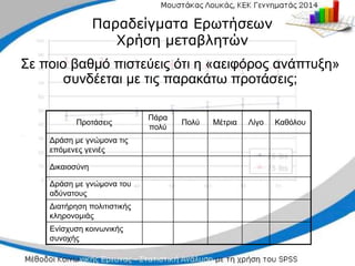 Σε ποιο βαθμό πιστεύεις ότι η «αειφόρος ανάπτυξη»
Σε ποιο βαθμό πιστεύεις ότι η «αειφόρος ανάπτυξη»
συνδέεται με τις παρακάτω προτάσεις;
συνδέεται με τις παρακάτω προτάσεις;
Προτάσεις
Πάρα
πολύ
Πολύ Μέτρια Λίγο Καθόλου
Δράση με γνώμονα τις
επόμενες γενιές
Δικαιοσύνη
Δράση με γνώμονα του
αδύνατους
Διατήρηση πολιτιστικής
κληρονομιάς
Ενίσχυση κοινωνικής
συνοχής
Παραδείγματα Ερωτήσεων
Παραδείγματα Ερωτήσεων
Χρήση μεταβλητών
Χρήση μεταβλητών
 