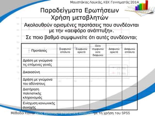 Ακολουθούν ορισμένες προτάσεις που συνδέονται
Ακολουθούν ορισμένες προτάσεις που συνδέονται
με την «αειφόρο ανάπτυξη».
με την «αειφόρο ανάπτυξη».
Σε ποιο βαθμό συμφωνείτε ότι αυτές συνδέονται;
Σε ποιο βαθμό συμφωνείτε ότι αυτές συνδέονται;
Προτάσεις
Συμφωνώ
απόλυτα
Συμφωνώ
αρκετά
Ούτε
συμφωνώ
ούτε
διαφωνώ
Διαφωνώ
αρκετά
Διαφωνώ
απόλυτα
Δράση με γνώμονα
τις επόμενες γενιές
Δικαιοσύνη
Δράση με γνώμονα
του αδύνατους
Διατήρηση
πολιτιστικής
κληρονομιάς
Ενίσχυση κοινωνικής
συνοχής
Παραδείγματα Ερωτήσεων
Παραδείγματα Ερωτήσεων
Χρήση μεταβλητών
Χρήση μεταβλητών
 