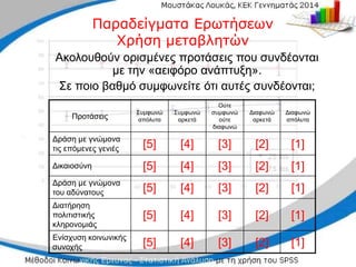 Ακολουθούν ορισμένες προτάσεις που συνδέονται
Ακολουθούν ορισμένες προτάσεις που συνδέονται
με την «αειφόρο ανάπτυξη».
με την «αειφόρο ανάπτυξη».
Σε ποιο βαθμό συμφωνείτε ότι αυτές συνδέονται;
Σε ποιο βαθμό συμφωνείτε ότι αυτές συνδέονται;
Προτάσεις
Συμφωνώ
απόλυτα
Συμφωνώ
αρκετά
Ούτε
συμφωνώ
ούτε
διαφωνώ
Διαφωνώ
αρκετά
Διαφωνώ
απόλυτα
Δράση με γνώμονα
τις επόμενες γενιές [5] [4] [3] [2] [1]
Δικαιοσύνη [5] [4] [3] [2] [1]
Δράση με γνώμονα
του αδύνατους [5] [4] [3] [2] [1]
Διατήρηση
πολιτιστικής
κληρονομιάς
[5] [4] [3] [2] [1]
Ενίσχυση κοινωνικής
συνοχής [5] [4] [3] [2] [1]
Παραδείγματα Ερωτήσεων
Παραδείγματα Ερωτήσεων
Χρήση μεταβλητών
Χρήση μεταβλητών
 