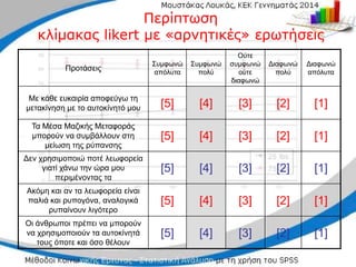 Προτάσεις
Συμφωνώ
απόλυτα
Συμφωνώ
πολύ
Ούτε
συμφωνώ
ούτε
διαφωνώ
Διαφωνώ
πολύ
Διαφωνώ
απόλυτα
Με κάθε ευκαιρία αποφεύγω τη
μετακίνηση με το αυτοκίνητό μου [5] [4] [3] [2] [1]
Τα Μέσα Μαζικής Μεταφοράς
μπορούν να συμβάλλουν στη
μείωση της ρύπανσης
[5] [4] [3] [2] [1]
Δεν χρησιμοποιώ ποτέ λεωφορεία
γιατί χάνω την ώρα μου
περιμένοντας τα
[5] [4] [3] [2] [1]
Ακόμη και αν τα λεωφορεία είναι
παλιά και ρυπογόνα, αναλογικά
ρυπαίνουν λιγότερο
[5] [4] [3] [2] [1]
Οι άνθρωποι πρέπει να μπορούν
να χρησιμοποιούν τα αυτοκίνητά
τους όποτε και όσο θέλουν
[5] [4] [3] [2] [1]
Περίπτωση
Περίπτωση
κλίμακας likert με «αρνητικές» ερωτήσεις
κλίμακας likert με «αρνητικές» ερωτήσεις
 