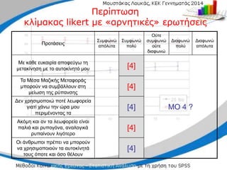 Προτάσεις
Συμφωνώ
απόλυτα
Συμφωνώ
πολύ
Ούτε
συμφωνώ
ούτε
διαφωνώ
Διαφωνώ
πολύ
Διαφωνώ
απόλυτα
Με κάθε ευκαιρία αποφεύγω τη
μετακίνηση με το αυτοκίνητό μου [4]
ΜΟ 4 ?
Τα Μέσα Μαζικής Μεταφοράς
μπορούν να συμβάλλουν στη
μείωση της ρύπανσης
[4]
Δεν χρησιμοποιώ ποτέ λεωφορεία
γιατί χάνω την ώρα μου
περιμένοντας τα
[4]
Ακόμη και αν τα λεωφορεία είναι
παλιά και ρυπογόνα, αναλογικά
ρυπαίνουν λιγότερο
[4]
Οι άνθρωποι πρέπει να μπορούν
να χρησιμοποιούν τα αυτοκίνητά
τους όποτε και όσο θέλουν
[4]
Περίπτωση
Περίπτωση
κλίμακας
κλίμακας likert
likert με «αρνητικές» ερωτήσεις
με «αρνητικές» ερωτήσεις
 