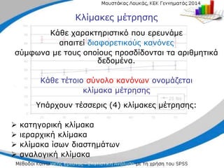 Κλίμακες μέτρησης
Κάθε χαρακτηριστικό που ερευνάμε
απαιτεί διαφορετικούς κανόνες
σύμφωνα με τους οποίους προσδίδονται τα αριθμητικά
δεδομένα.
Κάθε τέτοιο σύνολο κανόνων ονομάζεται
κλίμακα μέτρησης
Υπάρχουν τέσσερις (4) κλίμακες μέτρησης:
 κατηγορική κλίμακα
 ιεραρχική κλίμακα
 κλίμακα ίσων διαστημάτων
 αναλογική κλίμακα
 