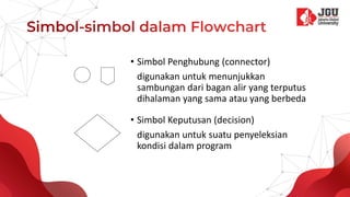 • Simbol Penghubung (connector)
digunakan untuk menunjukkan
sambungan dari bagan alir yang terputus
dihalaman yang sama atau yang berbeda
• Simbol Keputusan (decision)
digunakan untuk suatu penyeleksian
kondisi dalam program
 
