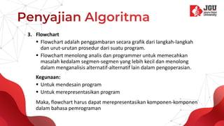 3. Flowchart
 Flowchart adalah penggambaran secara grafik dari langkah-langkah
dan urut-urutan prosedur dari suatu program.
 Flowchart menolong analis dan programmer untuk memecahkan
masalah kedalam segmen-segmen yang lebih kecil dan menolong
dalam menganalisis alternatif-alternatif lain dalam pengoperasian.
Kegunaan:
 Untuk mendesain program
 Untuk merepresentasikan program
Maka, flowchart harus dapat merepresentasikan komponen-komponen
dalam bahasa pemrograman
 
