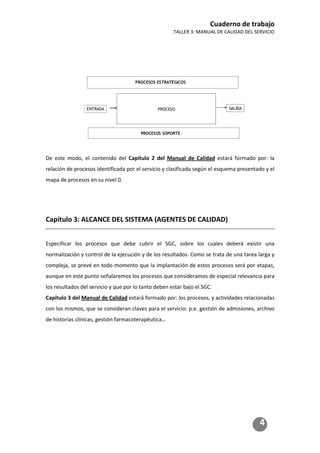 Cuaderno de trabajo
TALLER 3: MANUAL DE CALIDAD DEL SERVICIO
4
De este modo, el contenido del Capítulo 2 del Manual de Calidad estará formado por: la
relación de procesos identificada por el servicio y clasificada según el esquema presentado y el
mapa de procesos en su nivel 0.
Capítulo 3: ALCANCE DEL SISTEMA (AGENTES DE CALIDAD)
Especificar los procesos que debe cubrir el SGC, sobre los cuales deberá existir una
normalización y control de la ejecución y de los resultados. Como se trata de una tarea larga y
compleja, se prevé en todo momento que la implantación de estos procesos será por etapas,
aunque en este punto señalaremos los procesos que consideramos de especial relevancia para
los resultados del servicio y que por lo tanto deben estar bajo el SGC.
Capítulo 3 del Manual de Calidad estará formado por: los procesos, y actividades relacionadas
con los mismos, que se consideran claves para el servicio: p.e. gestión de admisiones, archivo
de historias clínicas, gestión farmacoterapéutica…
PROCESO
ENTRADA SALIDA
PROCESOS ESTRATÉGICOS
PROCESOS SOPORTE
 