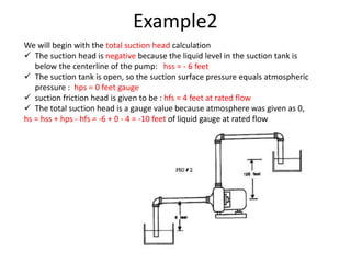 Example2
We will begin with the total suction head calculation
 The suction head is negative because the liquid level in the suction tank is
below the centerline of the pump: hss = - 6 feet
 The suction tank is open, so the suction surface pressure equals atmospheric
pressure : hps = 0 feet gauge
 suction friction head is given to be : hfs = 4 feet at rated flow
 The total suction head is a gauge value because atmosphere was given as 0,
hs = hss + hps - hfs = -6 + 0 - 4 = -10 feet of liquid gauge at rated flow
 