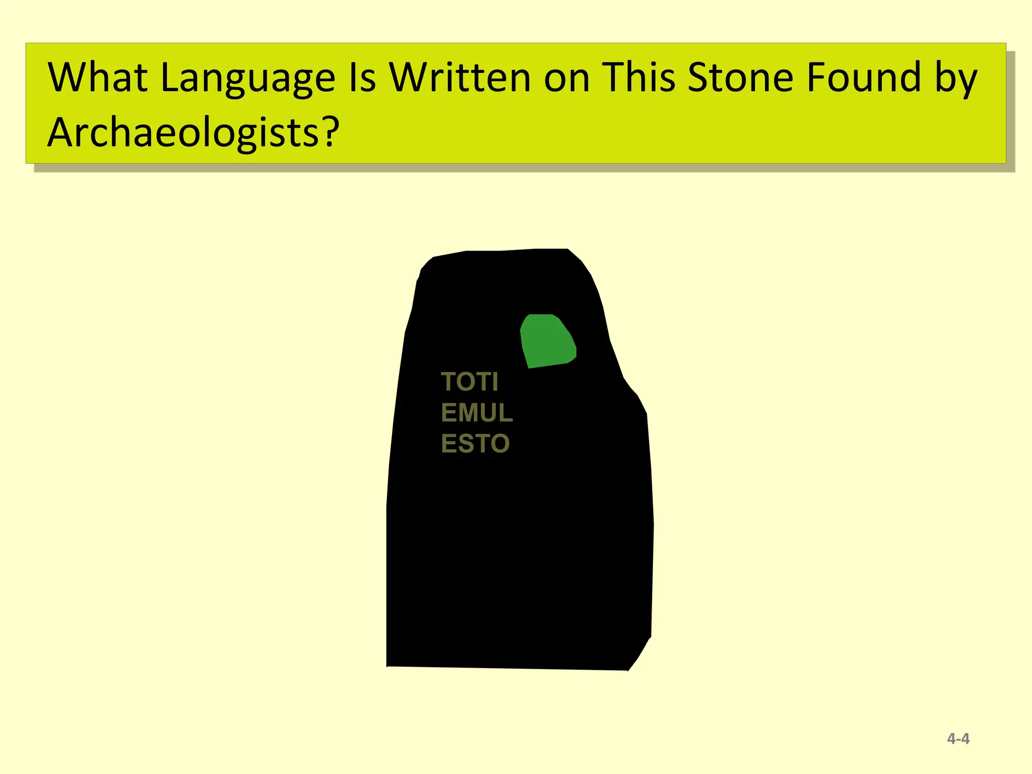 TOTI
EMUL
ESTO
What Language Is Written on This Stone Found by
Archaeologists?
4-4
 