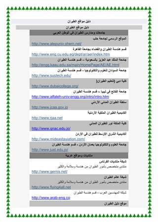 ‫الطيران‬ ‫مواقع‬ ‫دليل‬
‫الطيران‬ ‫مواقع‬ ‫دليل‬
‫الطيران‬ ‫ومدارس‬ ‫جامعات‬
‫ال‬ ‫الوطن‬ ‫في‬
‫عربي‬
‫لجامعة‬ ‫الرسمي‬ ‫الموقع‬
‫حلب‬
http://www.alepuniv.shern.net/
‫بجامعة‬ ‫والفضاء‬ ‫الطيران‬ ‫هندسة‬ ‫قسم‬
‫القاهرة‬
http://www.eng.cu.edu.eg/dept/ar/aer/index.htm
‫بالسعودية‬ ‫العزيز‬ ‫عبد‬ ‫الملك‬ ‫جامعة‬
–
‫الطيران‬ ‫هندسة‬ ‫قسم‬
http://engg.kaau.edu.sa/main/HomePage/AE/AE.html
‫والتكنولوجيا‬ ‫للعلوم‬ ‫السودان‬ ‫جامعة‬
-
‫الطيران‬ ‫هندسة‬ ‫قسم‬
http://www.sustech.edu/
‫(لتعليم‬ ‫دبي‬ ‫كلية‬
‫الطيران‬
)
http://www.dubaicollege.org/
‫ليبيا‬ ‫في‬ ‫الفاتح‬ ‫جامعة‬
–
‫هندسة‬ ‫قسم‬
‫الطيران‬
http://www.alfateh-univ-engg.org/intro/intro.htm
‫المدني‬ ‫الطيران‬ ‫سلطة‬
‫األردني‬
http://www.jcaa.gov.jo
‫الملكية‬ ‫الطيران‬ ‫أكاديمية‬
‫األردنية‬
http://www.rjaa.net
‫للطيران‬ ‫نور‬ ‫الملكة‬ ‫كلية‬
‫المدني‬
http://www.qnac.edu.jo/
‫للطيران‬ ‫األوسط‬ ‫الشرق‬ ‫أكاديمية‬
‫األردن‬ ‫في‬
http://www.mideastaviation.com/
‫بعمان‬ ‫والتكنولوجيا‬ ‫العلوم‬ ‫جامعة‬
‫األردن‬
-
‫الطيران‬ ‫هندسة‬ ‫قسم‬
http://www.just.edu.jo/
‫ومواقع‬ ‫منتديات‬
‫عربية‬
‫القرناس‬ ‫منتديات‬ ‫شبكة‬
‫وسالمة‬ ‫هندسة‬ ‫من‬ ‫الطٌران‬ ‫بأمور‬ ‫متخصص‬ ‫منتدى‬
‫والكثٌر‬
http://www.gernis.net/
‫الطيران‬ ‫عالم‬ ‫شبكة‬
‫ه‬ ‫من‬ ‫الطٌران‬ ‫بأمور‬ ‫متخصص‬ ‫منتدى‬
‫وسالمة‬ ‫ندسة‬
‫والكثٌر‬
http://www.flying4all.net
‫العرب‬ ‫المهندسٌن‬ ‫شبكة‬
-
‫الطٌران‬ ‫هندسة‬ ‫قسم‬
http://www.arab-eng.co
‫الطيران‬ ‫دليل‬ ‫موقع‬
 