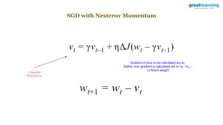 SGD with Nesterov Momentum
Adjusted
Momentum
Gradient of loss is not calculated wrt wt.
Rather, loss gradient is calculated wrt to ‘wt - ४vt-1 ’
i.e future weight
 