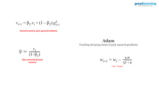 Second moment, past squared Gradients
Bias-corrected Second
moment
New Weight
Adam
Tracking decaying mean of past squared gradients
 