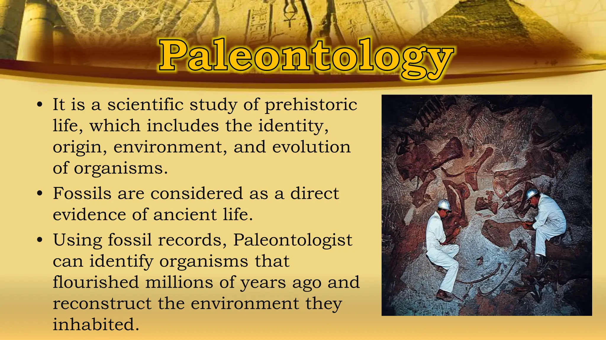 • It is a scientific study of prehistoric
life, which includes the identity,
origin, environment, and evolution
of organisms.
• Fossils are considered as a direct
evidence of ancient life.
• Using fossil records, Paleontologist
can identify organisms that
flourished millions of years ago and
reconstruct the environment they
inhabited.
 