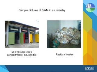 MRF(divided into 3
compartments: bio, non-bio
and hazardous wastes)
Sample pictures of SWM in an Industry
Residual wastes
 