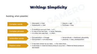 Writing: Simplicity
Avoiding, when possible:
Complex words
Complex phrases
• Attempted → tried
• Subsequent → next
• Acquire → get
• Purchase → buy
• If conditions are such that… → if…
• In view of the fact that… → since, because…
• It is often the case that… → often…
Unfamiliar words
• Concatenation → linkage
• Concomitant → simultaneous
• Verisimilitude → likelihood, plausibility
• proclivity → bias, predisposition
Passive voice
• It has been shown by our data… → Our data show…
• A decrease in maternal blood pressure occurred → Maternal blood pressure
decreased
 