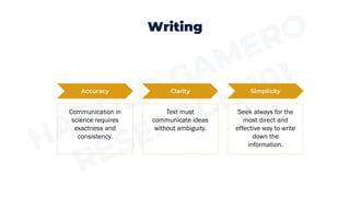 Writing
Accuracy Clarity Simplicity
Communication in
science requires
exactness and
consistency.
Text must
communicate ideas
without ambiguity.
Seek always for the
most direct and
effective way to write
down the
information.
 