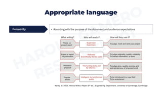 Formality • According with the purpose of the document and audience expectations
Appropriate language
Ashby, M. 2005. How to Write a Paper (6th ed.). Engineering Department, University of Cambridge, Cambridge
 