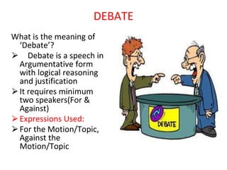 DEBATE
What is the meaning of
‘Debate’?
⮚ Debate is a speech in
Argumentative form
with logical reasoning
and justification
⮚It requires minimum
two speakers(For &
Against)
⮚Expressions Used:
⮚For the Motion/Topic,
Against the
Motion/Topic
 