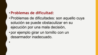 •Problemas de dificultad:
•Problemas de dificultades: son aquello cuya
solución se puede obstaculizar en su
ejecución por una mala decisión,
•por ejemplo girar un tornillo con un
desarmador inadecuado.
•
 