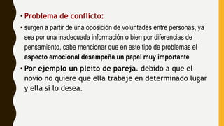 • Problema de conflicto:
• surgen a partir de una oposición de voluntades entre personas, ya
sea por una inadecuada información o bien por diferencias de
pensamiento, cabe mencionar que en este tipo de problemas el
aspecto emocional desempeña un papel muy importante
• Por ejemplo un pleito de pareja. debido a que el
novio no quiere que ella trabaje en determinado lugar
y ella si lo desea.
 